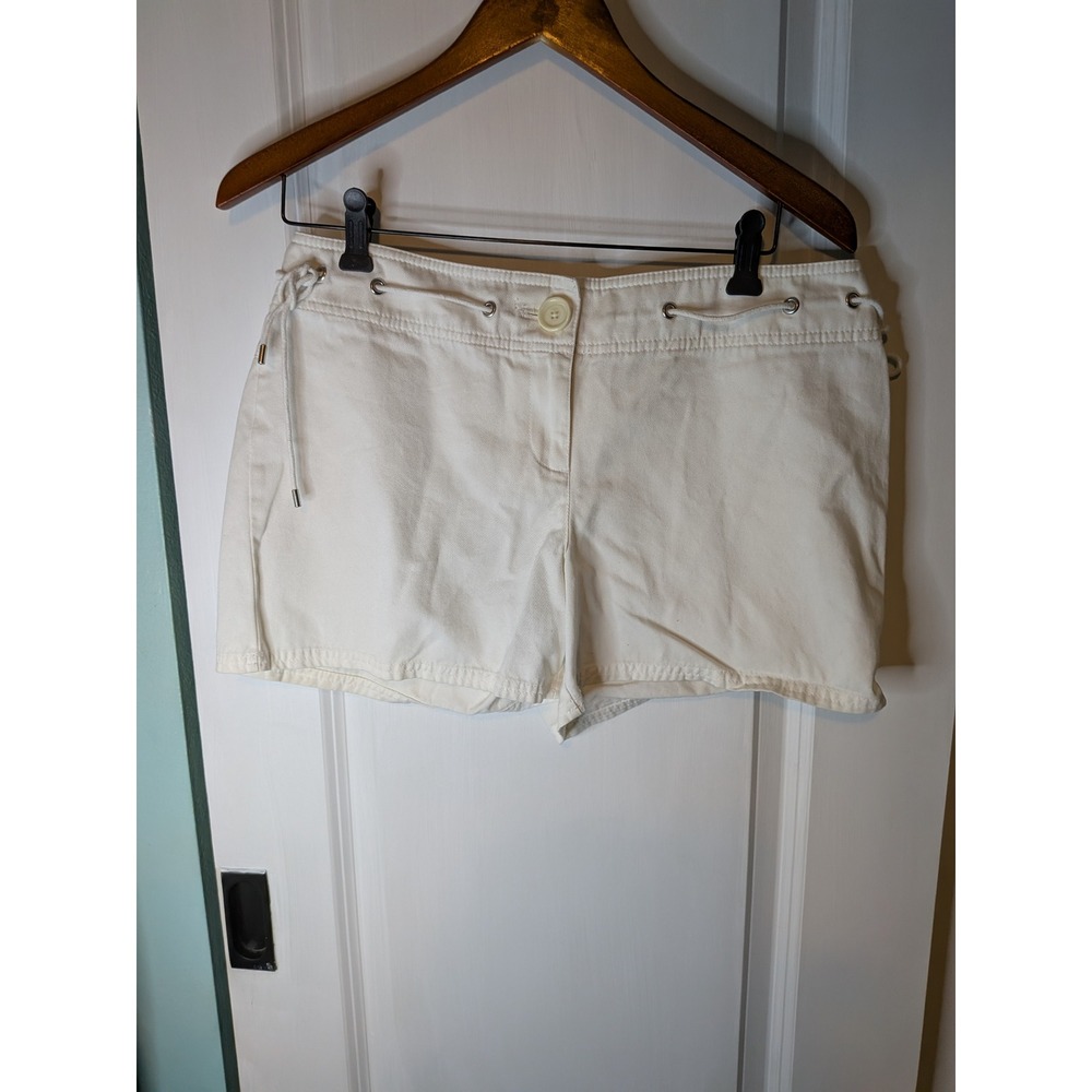 Ann Taylor Loft Womens White Cotton Denim Shorts Size 8 Drawstring Waist Grommet
